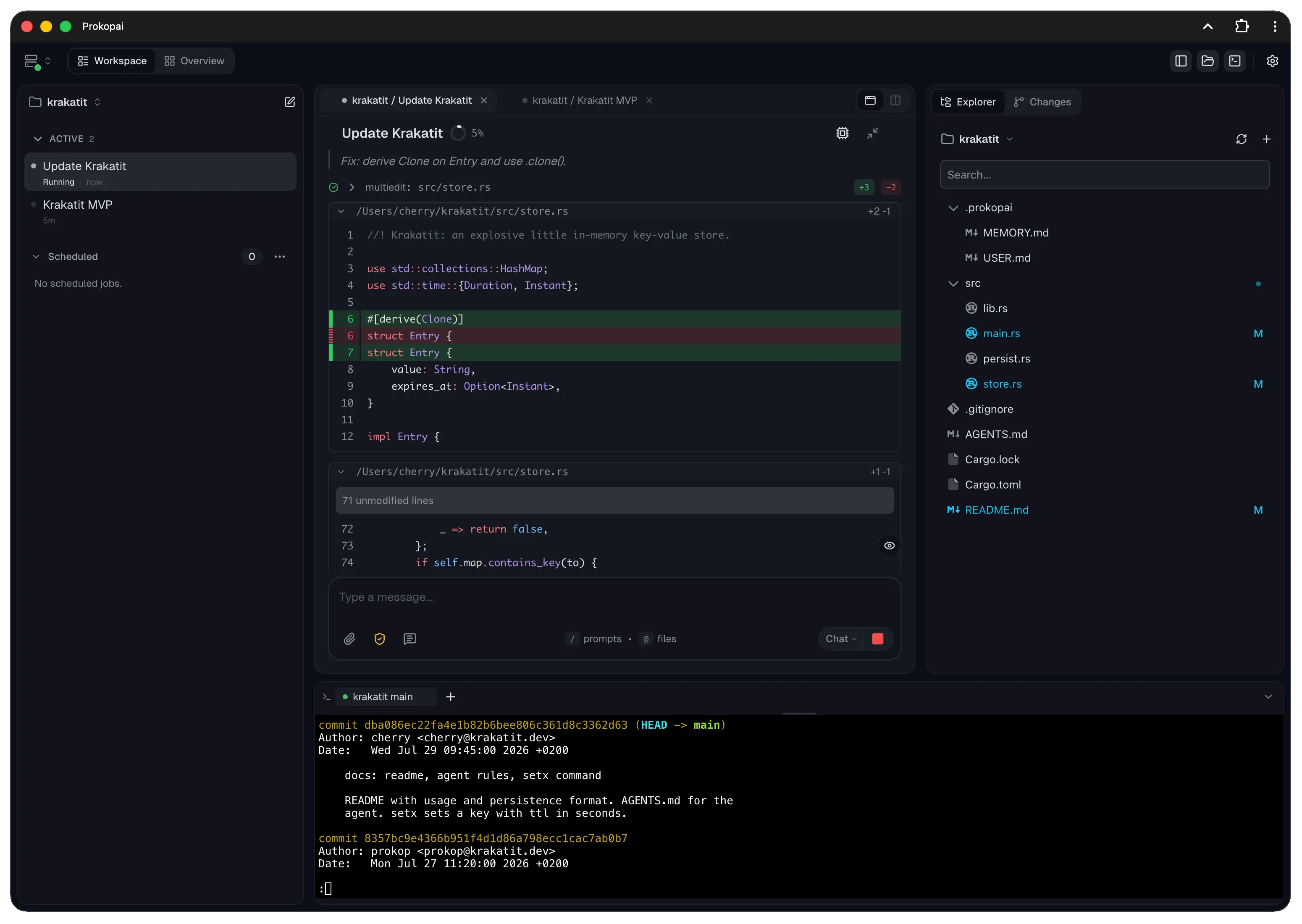 The Prokop workspace on desktop: sessions, agent chat with tool activity, and file diffs