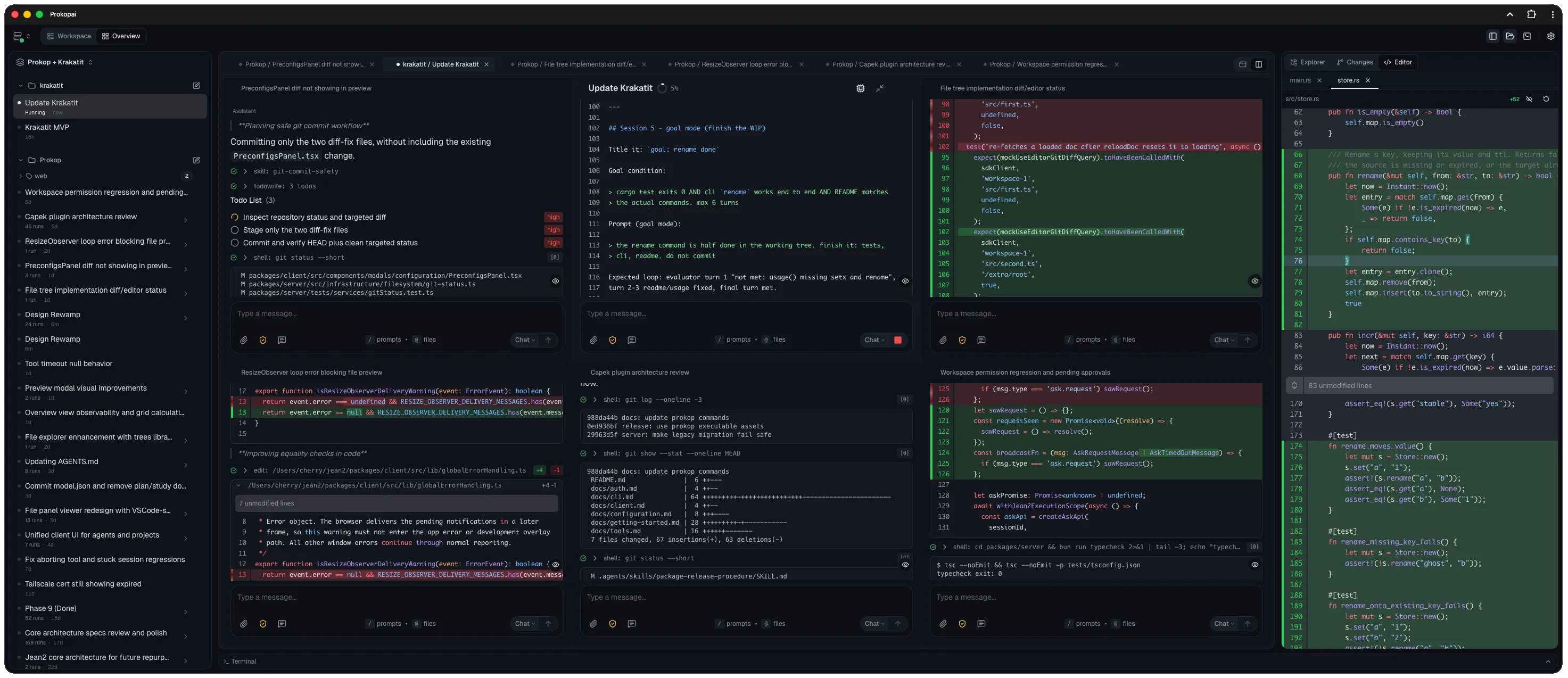 The Prokop board: session panel, six open agent sessions, and the file explorer side by side